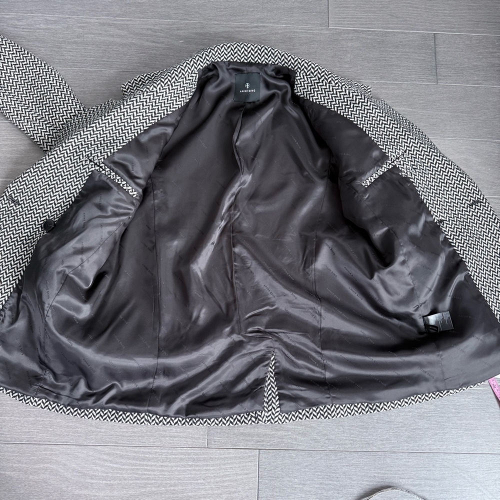 Anine Bing Fishbone Herringbone Blazer L Oversized Wool Blend Double Breasted - Picture 14 of 16